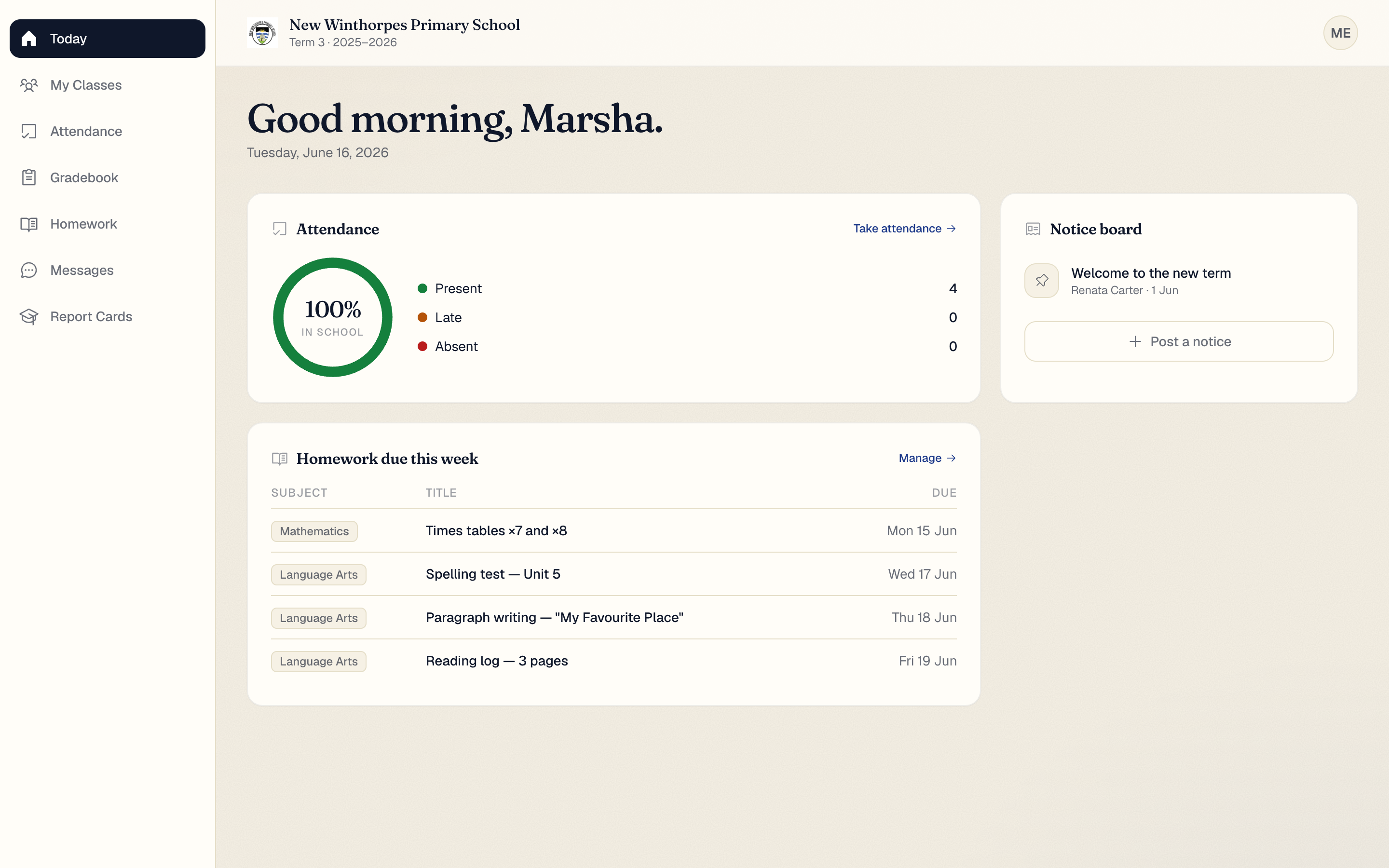 The KAIBE teacher dashboard  attendance, notices and homework at a glance