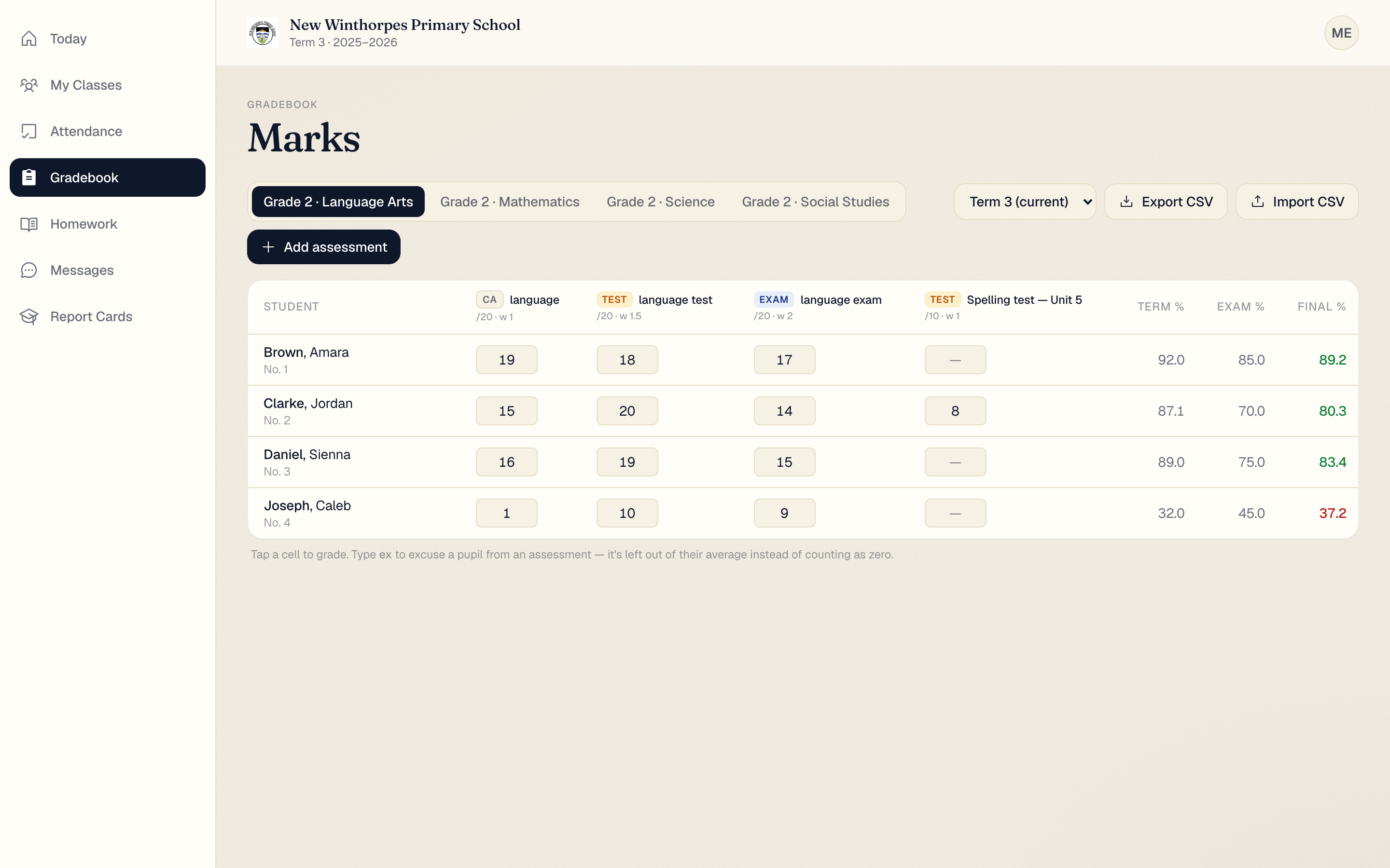 The KAIBE gradebook showing a class's marks