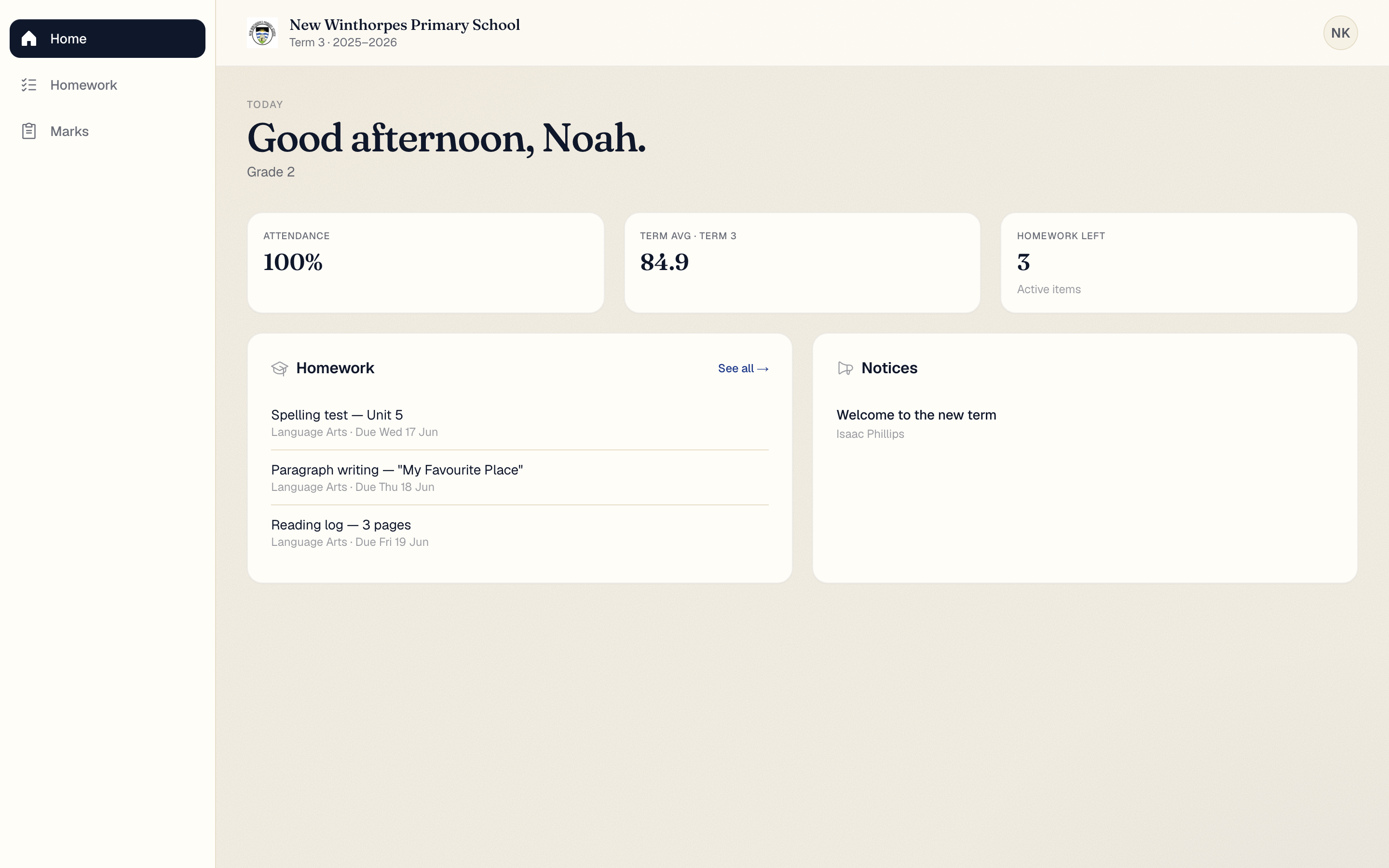 A student's dashboard in KAIBE